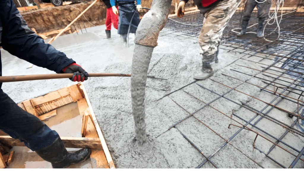 Concrete contractors in Olathe KS pouring fresh concrete through a chute onto reinforced foundation with rebar grid