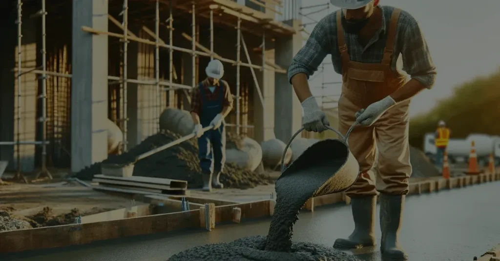 Concrete contractors in Olathe KS pouring ready-mix concrete at commercial construction site with workers in protective gear